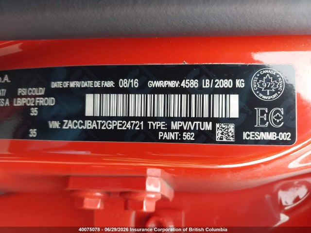 Продаж на аукціоні авто 2016 Jeep Renegade Sport, vin: ZACCJBAT2GPE24721, номер лоту: 40075078