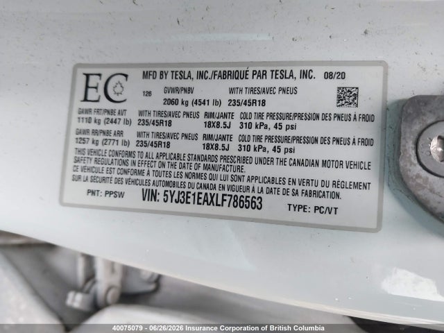 Продажа на аукционе авто 2020 Tesla Model 3, vin: 5YJ3E1EAXLF786563, номер лота: 40075079