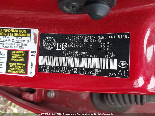 40075084 :رقم المزاد ، 2T1BU4EE2CC813617 vin ، 2012 Toyota Corolla S/le مزاد بيع