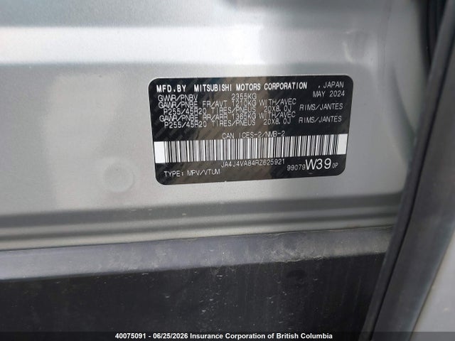 40075091 :رقم المزاد ، JA4J4VA84RZ625921 vin ، 2024 Mitsubishi Outlander Se/black Edition/ralliart مزاد بيع