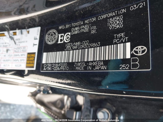 JTDL9MFU0M3029863 Toyota Prius