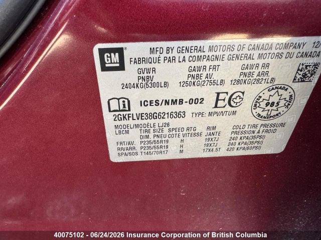40075102 :رقم المزاد ، 2GKFLVE38G6216363 vin ، 2016 Gmc Terrain Denali مزاد بيع