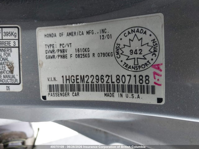 2002 Honda Civic მანქანა იყიდება აუქციონზე, vin: 1HGEM22962L807188, აუქციონის ნომერი: 40075109