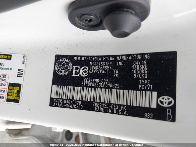 40075113 :رقم المزاد ، 5YFBPRBE3LP010629 vin ، 2020 Toyota Corolla Le مزاد بيع