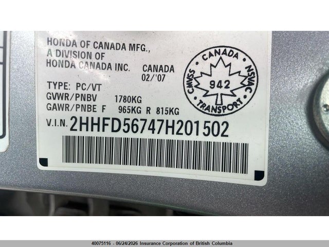 Продаж на аукціоні авто 2007 Acura Csx, vin: 2HHFD56747H201502, номер лоту: 40075116