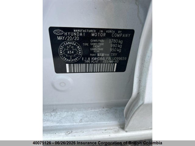 40075126 :رقم المزاد ، KMHD84LF8LU099659 vin ، 2020 Hyundai Elantra Preferred Auto Ivt مزاد بيع