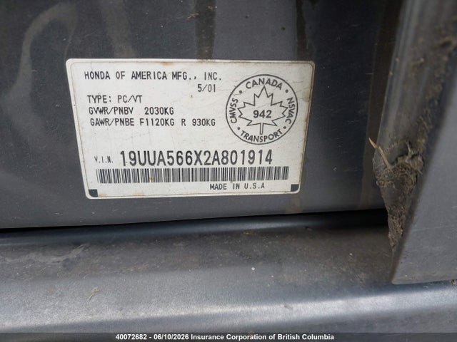 40072682 :رقم المزاد ، 19UUA566X2A801914 vin ، 2002 Acura 3.2tl مزاد بيع