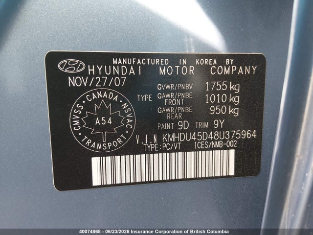 Продаж на аукціоні авто 2008 Hyundai Elantra Gl/gls, vin: KMHDU45D48U375964, номер лоту: 40074868