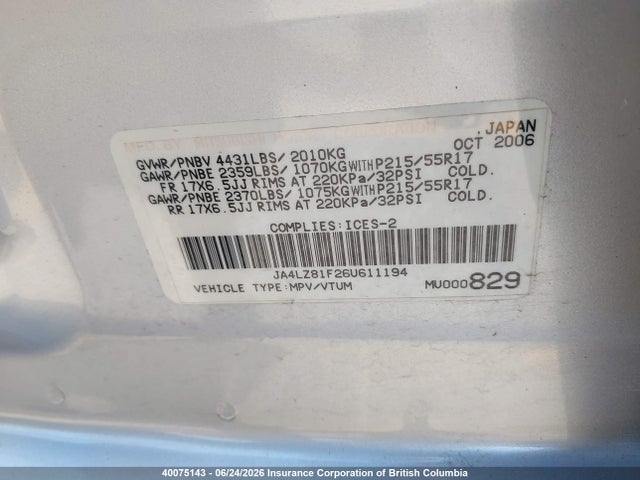 40075143 :رقم المزاد ، JA4LZ81F26U611194 vin ، 2006 Mitsubishi Outlander Limited مزاد بيع