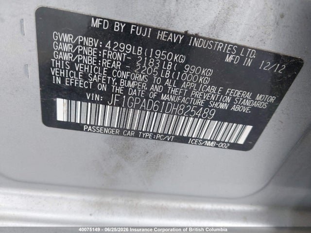 Продаж на аукціоні авто 2013 Subaru Impreza Premium, vin: JF1GPAD61DH825489, номер лоту: 40075149