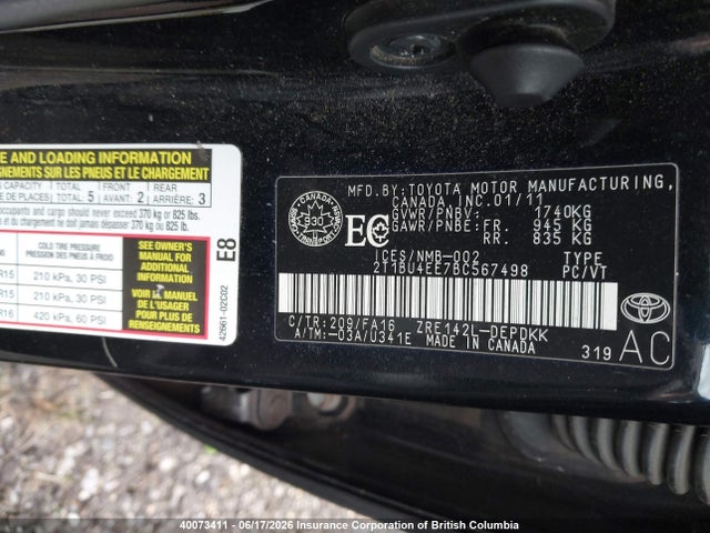 2011 Toyota Corolla S/le მანქანა იყიდება აუქციონზე, vin: 2T1BU4EE7BC567498, აუქციონის ნომერი: 40073411