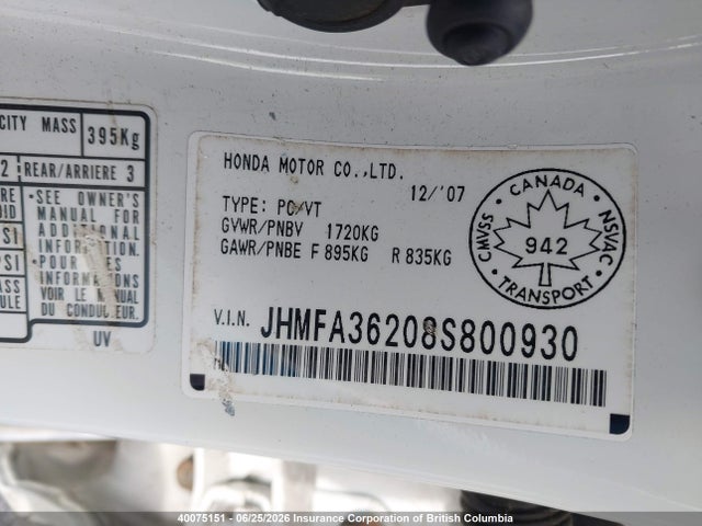 Aukcja sprzedaży 2008 Honda Civic, vin: JHMFA36208S800930, numer aukcji: 40075151