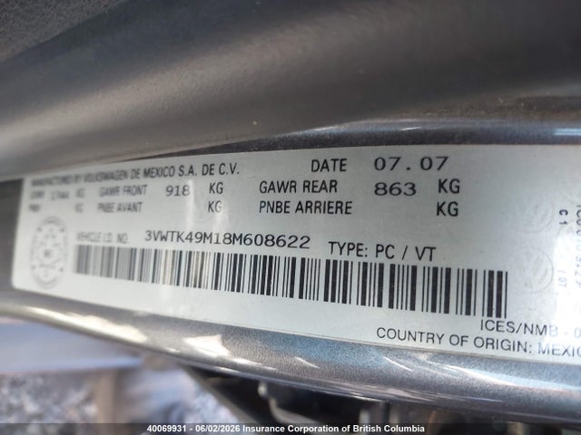 2008 Volkswagen City Jetta მანქანა იყიდება აუქციონზე, vin: 3VWTK49M18M608622, აუქციონის ნომერი: 40069931