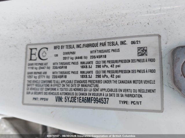 Tesla MODEL 3 2021 5YJ3E1EA6MF994537 Image 9