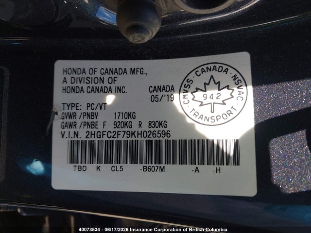 2019 Honda Civic Ex მანქანა იყიდება აუქციონზე, vin: 2HGFC2F79KH026596, აუქციონის ნომერი: 40073534