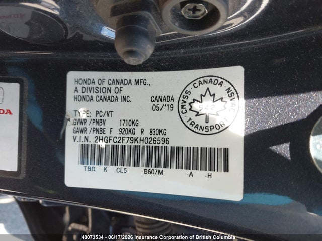 2019 Honda Civic Ex მანქანა იყიდება აუქციონზე, vin: 2HGFC2F79KH026596, აუქციონის ნომერი: 40073534