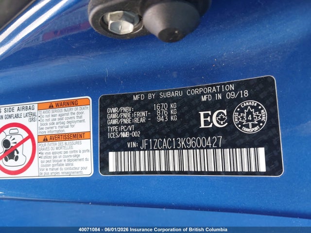 Aukcja sprzedaży 2019 Subaru Brz Limited, vin: JF1ZCAC13K9600427, numer aukcji: 40071084