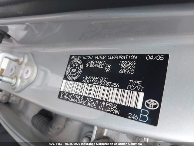 2005 Toyota Echo მანქანა იყიდება აუქციონზე, vin: JTDKT123650087486, აუქციონის ნომერი: 40075163
