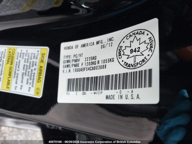 Aukcja sprzedaży 2012 Acura Tl, vin: 19UUA9F54CA803688, numer aukcji: 40075166