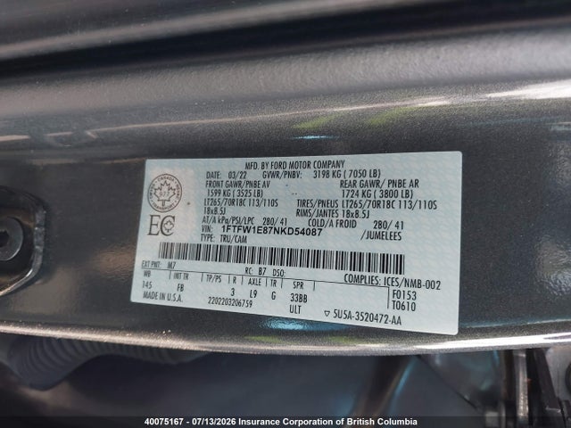 40075167 :رقم المزاد ، 1FTFW1E87NKD54087 vin ، 2022 Ford F150 مزاد بيع