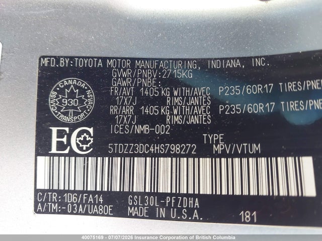 2017 Toyota Sienna მანქანა იყიდება აუქციონზე, vin: 5TDZZ3DC4HS798272, აუქციონის ნომერი: 40075169