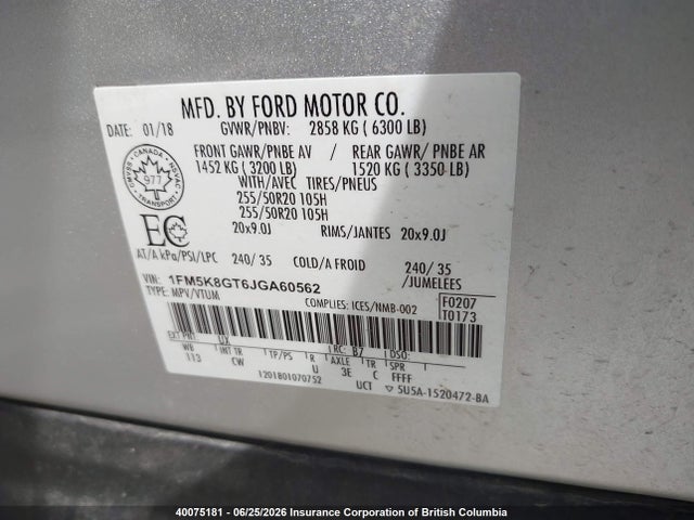 40075181 :رقم المزاد ، 1FM5K8GT6JGA60562 vin ، 2018 Ford Explorer Sport مزاد بيع