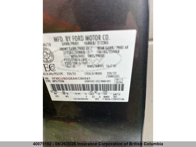 2010 Ford Escape Xlt მანქანა იყიდება აუქციონზე, vin: 1FMCU9DG5AKC86541, აუქციონის ნომერი: 40075192