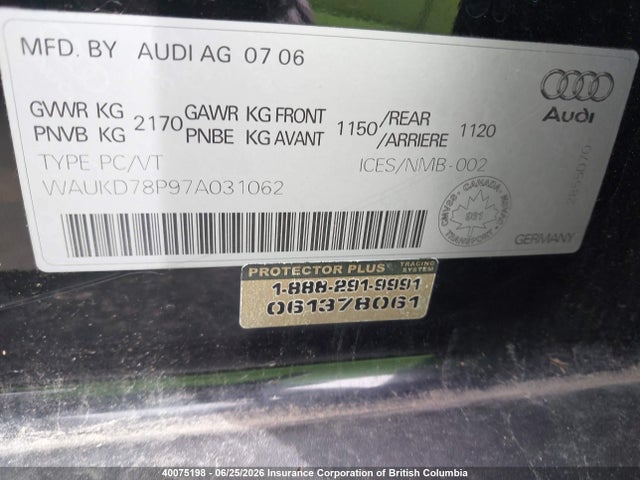 40075198 :رقم المزاد ، WAUKD78P97A031062 vin ، 2007 Audi A3 مزاد بيع