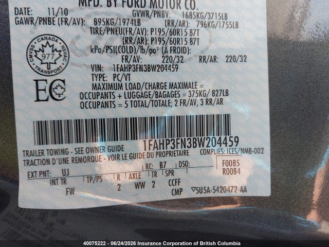 2011 Ford Focus მანქანა იყიდება აუქციონზე, vin: 1FAHP3FN3BW204459, აუქციონის ნომერი: 40075222