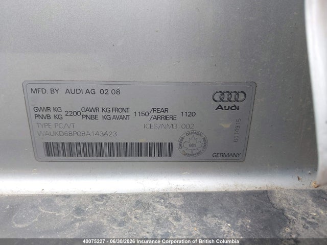 Auction sale of the 2008 Audi A3, vin: WAUKD68P08A143423, lot number: 40075227