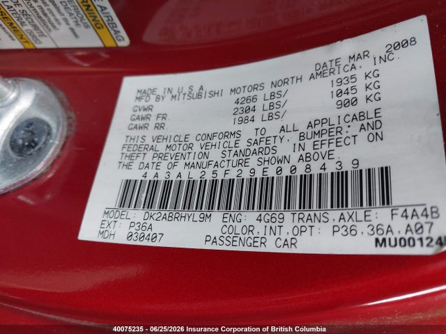 2009 Mitsubishi Eclipse Spyder Gs მანქანა იყიდება აუქციონზე, vin: 4A3AL25F29E008439, აუქციონის ნომერი: 40075235