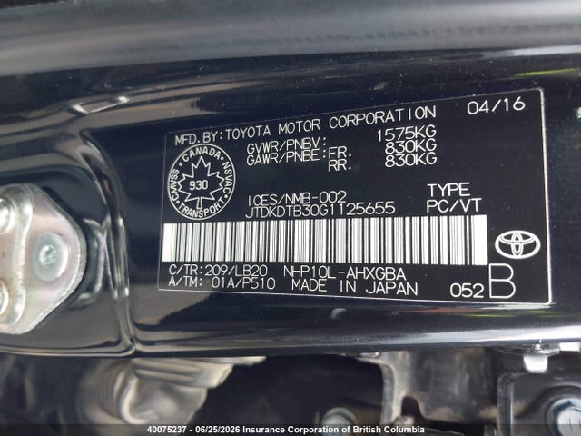 40075237 :رقم المزاد ، JTDKDTB30G1125655 vin ، 2016 Toyota Prius مزاد بيع
