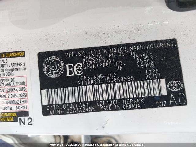 Aukcja sprzedaży 2005 Toyota Corolla Ce/le/s, vin: 2T1BR30E15C869585, numer aukcji: 40074493