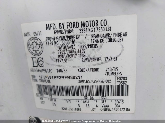 40075251 :رقم المزاد ، 1FTFW1EF3BFB86211 vin ، 2011 Ford F150 مزاد بيع