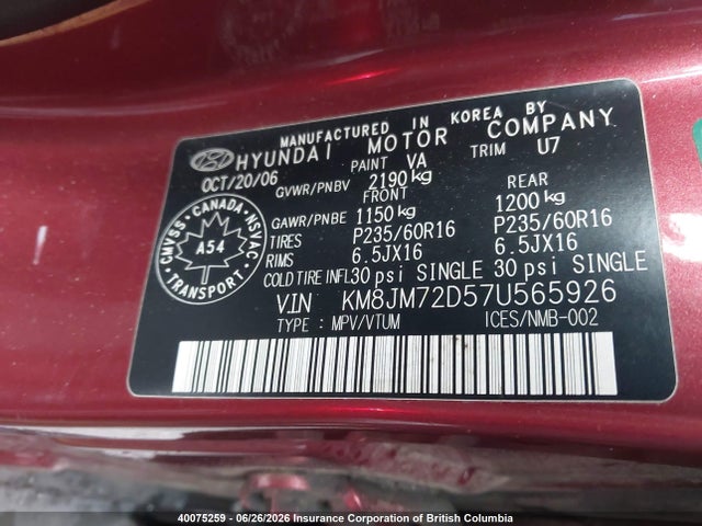 2007 Hyundai Tucson Gl/gls მანქანა იყიდება აუქციონზე, vin: KM8JM72D57U565926, აუქციონის ნომერი: 40075259