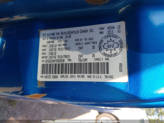 2000 Dodge Dakota მანქანა იყიდება აუქციონზე, vin: 1B7GG22X0YS583539, აუქციონის ნომერი: 40075264