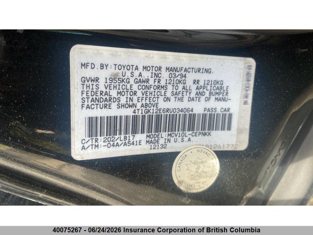 1994 Toyota Camry მანქანა იყიდება აუქციონზე, vin: 4T1GK12E6RU034064, აუქციონის ნომერი: 40075267