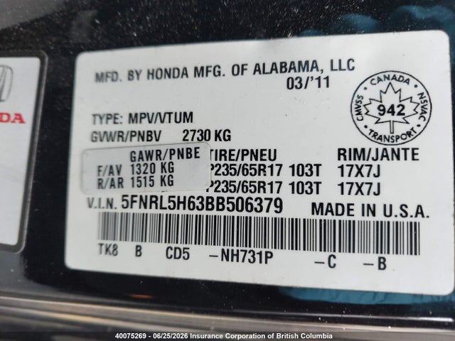 Продажа на аукционе авто 2011 Honda Odyssey Exl, vin: 5FNRL5H63BB506379, номер лота: 40075269