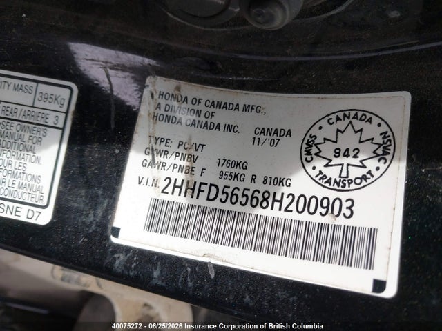 Продажа на аукционе авто 2008 Acura Csx, vin: 2HHFD56568H200903, номер лота: 40075272