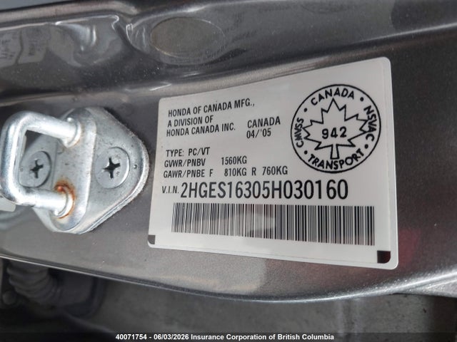 Aukcja sprzedaży 2005 Honda Civic Dx Vp, vin: 2HGES16305H030160, numer aukcji: 40071754