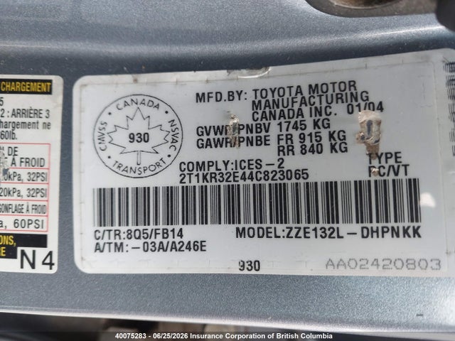 Aukcja sprzedaży 2004 Toyota Matrix Xr, vin: 2T1KR32E44C823065, numer aukcji: 40075283