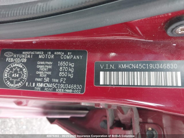 2009 Hyundai Accent Gls მანქანა იყიდება აუქციონზე, vin: KMHCN45C19U346830, აუქციონის ნომერი: 40075302