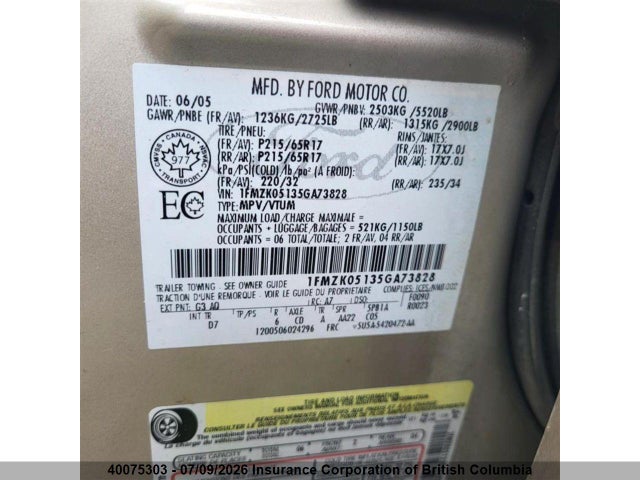 Aukcja sprzedaży 2005 Ford Freestyle Sel, vin: 1FMZK05135GA73828, numer aukcji: 40075303