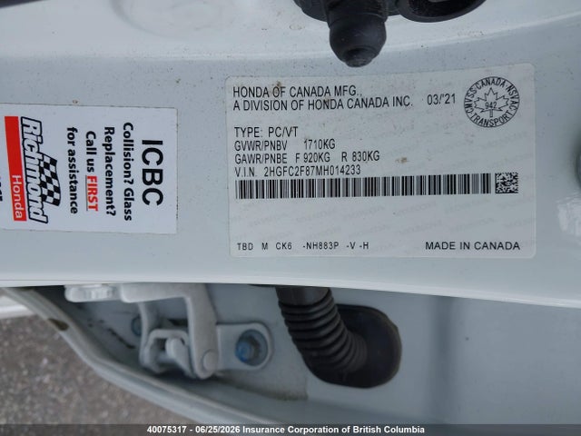 2021 Honda Civic მანქანა იყიდება აუქციონზე, vin: 2HGFC2F87MH014233, აუქციონის ნომერი: 40075317
