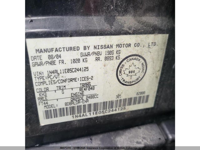 Aukcja sprzedaży 2005 Nissan Altima S/sl, vin: 1N4AL11E05C244125, numer aukcji: 40075319