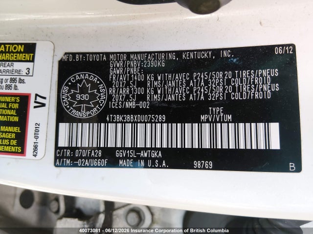 Aukcja sprzedaży 2013 Toyota Venza Le/xle/limited, vin: 4T3BK3BBXDU075289, numer aukcji: 40073081