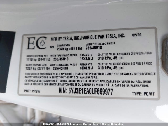 2020 Tesla Model 3 მანქანა იყიდება აუქციონზე, vin: 5YJ3E1EA0LF669977, აუქციონის ნომერი: 40075336