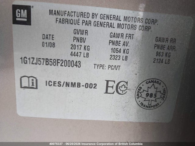 2008 Chevrolet Malibu 2lt მანქანა იყიდება აუქციონზე, vin: 1G1ZJ57B58F200043, აუქციონის ნომერი: 40075337