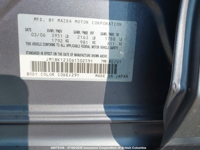 2006 Mazda 3 S მანქანა იყიდება აუქციონზე, vin: JM1BK123061502591, აუქციონის ნომერი: 40075348