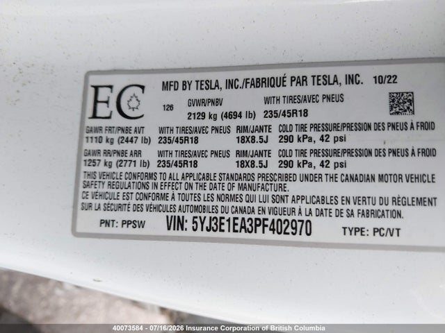 Tesla MODEL 3 2023 5YJ3E1EA3PF402970 Image 9